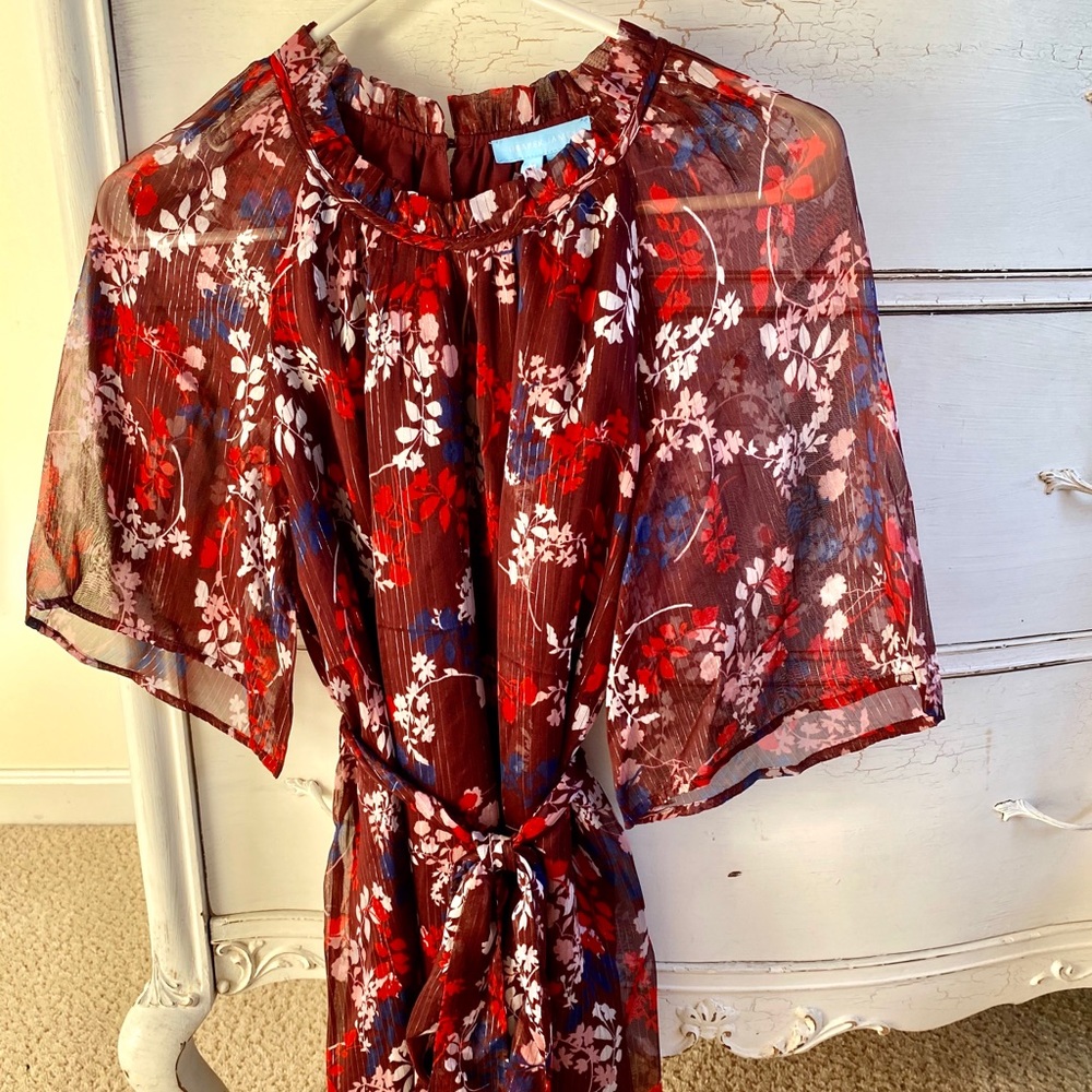 Draper James Burgundy Floral Sheer Tie-Waist Blouse Sz M